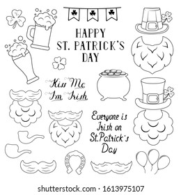 Saint Patrick Day elements and lettering. Holiday quotes, leprechaun, mustache, beard, pipe, Irish hat, beer mug and glass, clover and gold pot in outline.