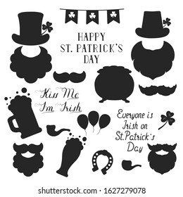 Saint Patrick Day elements and lettering for design. Holiday quotes, leprechaun, mustache, beard, pipe, Irish hat, beer mug and glass, clover and gold pot silhouettes.