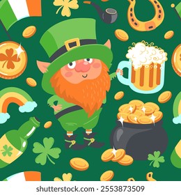 Saint Patrick day elements seamless pattern. Funny leprechaun. Cartoon lucky dwarf holds mug of beer. Repeated print. March 17th celebration. Gold coins pot. Splendid