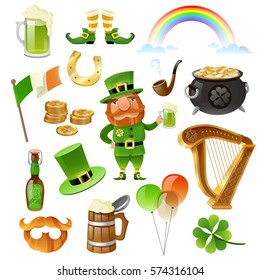 Saint Patrick Day elements set with leprechaun coins horseshoe beer harp shoes hat clover isolated vector illustration