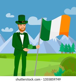 Saint Patrick Day Flat Color Vector Illustration. Red Bearded Guy Cartoon Character. Mountains Landscape and Forest. Man Love Country and Irish Culture. Irishman In Leprechaun Costume