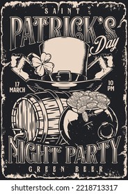 Saint Patrick day flyer monochrome vintage for night party with barrel green beer and gold coins grunge style vector illustration