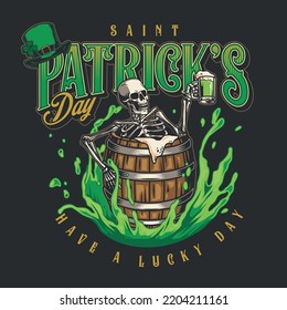 Saint Patrick Day Flyer Vintage Colorful Skeleton In Barrel Of Green Beer Celebrates Irish Holiday In Pub Vector Illustration