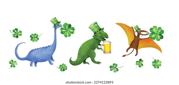 St. Patrick Tag lustige Dinosaurier in Ferienhüten mit Bier und Glück 4 Blatt Kleeblatt. Seltsame Wasserfarbe, Vektorgrafik. Komisch komischer Dino-Set für Witz-keltisches Design