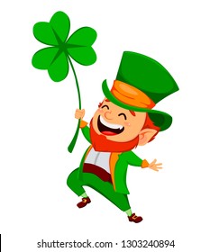 Saint Patrick day. Funny Leprechaun. Cute cartoon character holding big clover. Vector illustration on white background.