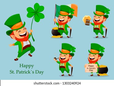 Día de San Patricio. Gracioso Leprechaun en el sombrero con trébol, conjunto de cinco poses. Personaje de dibujos animados. Ilustración del vector