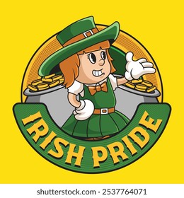 Saint Patrick Day Girl with gold coins pot Retro Cartoon Mascot Character Groovy Vintage Style for poster, flyer, brochure, invitation, greeting card, banner, web, sticker