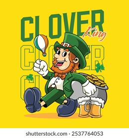 Saint Patrick Day Gnome with Gold Coins Pot Retro Cartoon Mascot Character Groovy Vintage Style for poster, flyer, brochure, invitation, greeting card, banner