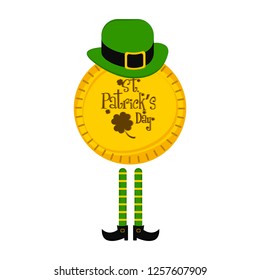Saint patrick day golden coin with traditional irish hat and elf legs. Vector illustration design