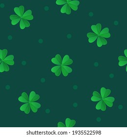 Saint Patrick Day green clover seamless pattern. Can be used as fabric texture, background, wrapping paper print, wallpaper. Stock vector illustration in realistic cartoon style