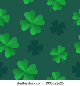 Saint Patrick Day green clover seamless pattern. Can be used as fabric texture. Stock vector illustration in realistic cartoon style