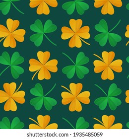 Saint Patrick Day green and gold clover seamless pattern. Can be used as fabric texture. Stock vector illustration in realistic cartoon style