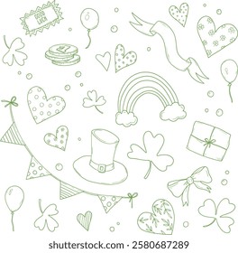 Saint Patrick day green outline clip arts, hand draw line art icons