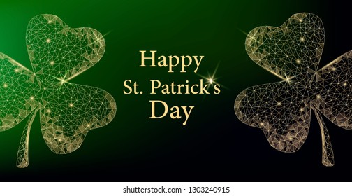 Saint Patrick day greeting card. Two polygonal golden clovers on green background. Luck and success concept. Vector illustration