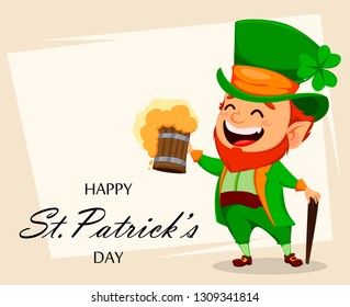Saint Patrick day greeting card with funny Leprechaun in hat. Cute cartoon character with a pint of beer. Vector illustration