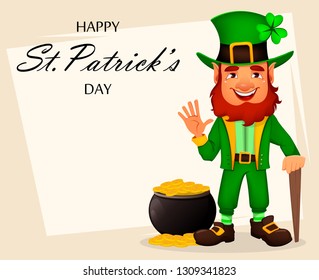 Saint Patrick day greeting card with cute funny cartoon character Leprechaun standing near pot with gold. Great design for any purposes. Vector illustration