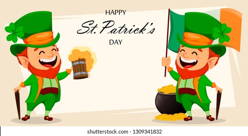 Saint Patrick day greeting card with two funny Leprechauns. Cute cartoon characters holding Ireland flag and holding a pint of beer. Vector illustration