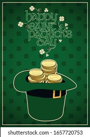 Saint Patrick Day Greeting Card Leprechaun Hat, Golden Coins, Clover Background, Ancient Celtic Type Lettering