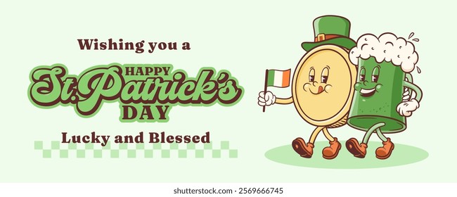 Saint Patrick Day Groovy Beer Tankard and Coin Retro Characters Banner. Cartoon green Ale Mugs Walking and Smiling. Vector Irish Spring Holiday Mascot Template. Happy Vintage Illustration. Isolated