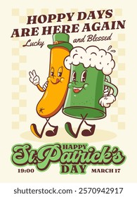 Saint Patrick Day Groovy Beer Tankard Retro Characters Poster. Cartoon Green Ale Mug and Sausage in Hat Walking. Vector Irish Spring Holiday Mascot Template. Happy Vintage Cool Illustration. Isolated