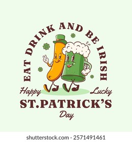 Saint Patrick Day Groovy Beer Tankard Retro Characters Label. Cartoon Green Ale Mug and Sausage in Hat Walking. Vector Irish Spring Holiday Mascot Template. Happy Vintage Cool Illustration. Isolated