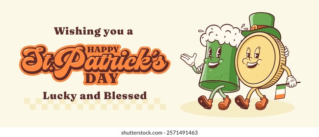 Saint Patrick Day Groovy Beer Tankard and Coin Retro Characters Banner. Cartoon green Ale Mugs Walking and Smiling. Vector Irish Spring Holiday Mascot Template. Happy Vintage Illustration. Isolated