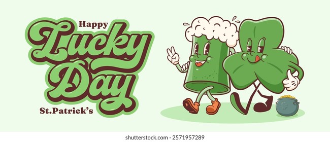 Saint Patrick Day Groovy Beer Tankard and Shamrock Retro Characters Banner. Cartoon Green Ale Mug with Clover Trefoil. Vector Irish Spring Holiday Mascot Template. Happy Vintage Illustration. Isolated