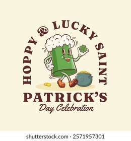 Saint Patrick Day Groovy Beer Tankard with Shamrock and Gold Coins Pot Retro Character Label Cartoon Irish Spring Holiday Illustration Vector Celtic Mascot Template Logo Happy Vintage Trefoil.Isolated