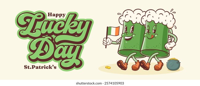 Saint Patrick Day Groovy Beer Tankards Retro Characters Banner. Cartoon Green Ale Mug with Shamrock Clover Trefoil. Vector Irish Spring Holiday Mascot Template. Happy Vintage Illustration. Isolated