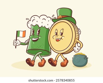 Saint Patrick Day Groovy Beer Tankard and Golden Coin Retro Characters. Cartoon Green Ale Mug with Treasure Money. Vector Irish Spring Holiday Mascot Template. Happy Vintage Illustration. Isolated