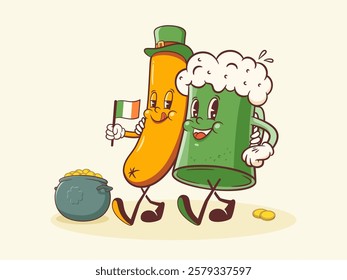 Saint Patrick Day Groovy Beer Tankard and Sausage Retro Characters. Cartoon Green Ale Mug with Treasure Money Coins. Vector Irish Spring Holiday Mascot Template. Happy Vintage Illustration. Isolated