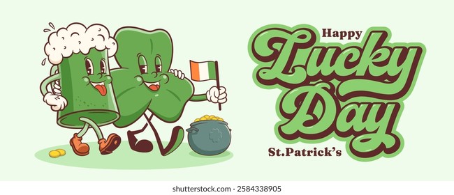 Saint Patrick Day Groovy Beer Tankard and Shamrock Retro Characters Banner. Cartoon Green Ale Mug with Clover Trefoil. Vector Irish Spring Holiday Mascot Template. Happy Vintage Illustration. Isolated