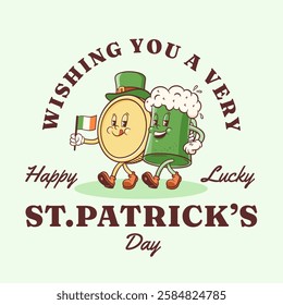 Saint Patrick Day Groovy Beer Tankard with Shamrock and Gold Coins Pot Retro Character Label Cartoon Irish Spring Holiday Illustration Vector Celtic Mascot Template Logo Happy Vintage Trefoil.Isolated