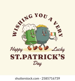 Saint Patrick Day Groovy Beer Tankard with Shamrock and Gold Coins Pot Retro Character Label Cartoon Irish Spring Holiday Illustration Vector Celtic Mascot Template Logo Happy Vintage Trefoil.Isolated