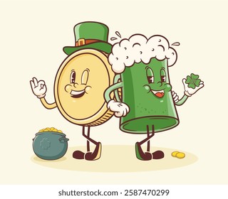 Saint Patrick Day Groovy Beer Tankard and Golden Coin Retro Characters. Cartoon Green Ale Mug with Treasure Money. Vector Irish Spring Holiday Mascot Template. Happy Vintage Illustration. Isolated