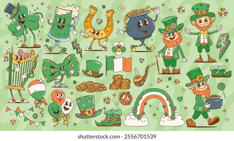 Saint Patrick day groovy characters. Leprechauns and golden coins, trefoil shamrock clover and irish rainbow retro groovy vector personages. St Patricks holiday funny leprechauns with hats and gold