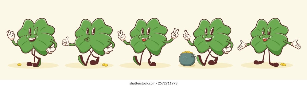 Saint Patrick Day Groovy Lucky Shamrock Retro Character Set. Cartoon Green Clover Trefoil and Gold Coins Pot Cauldron Personage Collection. Vector Irish Holiday Mascot Template Illustrations. Isolated