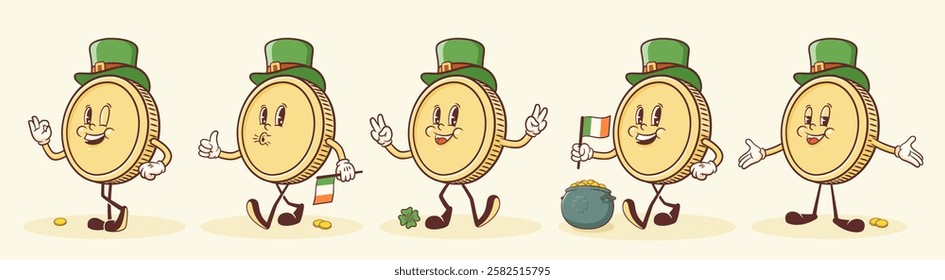 Saint Patrick Day Groovy Lucky Coin Retro Character Set. Cartoon Green Clover Trefoil Shamrock and Gold Pot Cauldron Personage Collection. Vector Irish Holiday Mascot Template Illustrations. Isolated