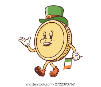 Saint Patrick Day Groovy Lucky Coin Retro Character Illustration. Cartoon Gold Coin in a Green Leprechaun Hat with Irish Flag Personage. Vector Irish Holiday Funny Mascot Template. Isolated