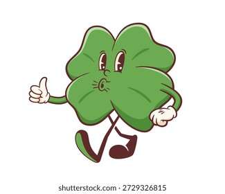 Saint Patrick Day Groovy Lucky Shamrock Retro Charakter Illustration. Cartoon Grüner Klee Trefoil Blatt lustig keltisch Glück Persönlichkeit. Vektor Irish Holiday Maskottchen Template Aufkleber. Einzeln