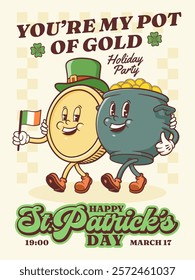 Saint Patrick Day Groovy Pot and Gold Coin Retro Characters Poster. Cartoon Irish Spring Holiday Illustration. Vector Celtic Mascot Template Background. Vintage Leprechaun Cauldron Drawing. Isolated