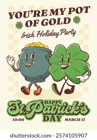 Saint Patrick Day Groovy Pot of Gold Coins Retro Characters Poster. Cartoon Irish Spring Holiday Illustration. Vector Celtic Mascot Template Background. Vintage Shamrock, Cauldron Drawing Isolated