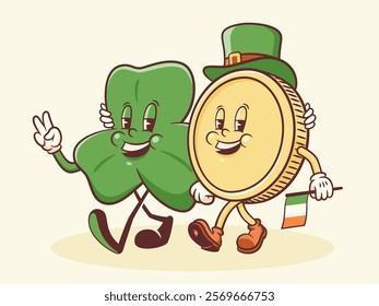 Saint Patrick Day Groovy Shamrock and Gold Coin Retro Characters. Cartoon Irish Spring Holiday Personage Illustration. Vector Celtic Mascot Template Background. Happy Vintage Trefoil Drawing Isolated