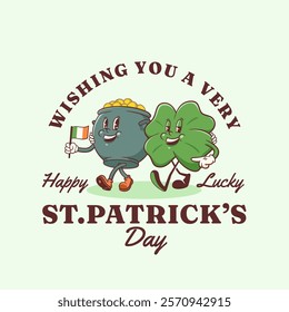 Saint Patrick Day Groovy Shamrock and Gold Coins Pot Retro Characters Label Cartoon Irish Spring Holiday Personage Illustration Vector Celtic Mascot Template Background. Happy Vintage Trefoil Isolated