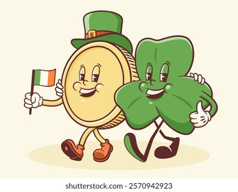 Saint Patrick Day Groovy Shamrock and Gold Coin Retro Characters. Cartoon Irish Spring Holiday Personage Illustration. Vector Celtic Mascot Template Background. Happy Vintage Trefoil Drawing Isolated