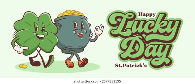 Saint Patrick Day Groovy Shamrock and Pot of Gold Coins Retro Characters Banner. Cartoon Green Clover Trefoil with Cauldron. Vector Irish Spring Holiday Mascot Template. Vintage Illustration. Isolated