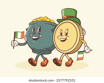 Saint Patrick Day Groovy Shamrock and Gold Coin Retro Characters. Cartoon Irish Spring Holiday Personage Illustration. Vector Celtic Mascot Template Background. Happy Vintage Trefoil Drawing Isolated