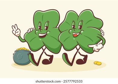 Saint Patrick Day Groovy Shamrocks, Pot and Gold Coins Retro Characters. Cartoon Irish Spring Holiday Personage Illustration. Vector Celtic Mascot Template Background. Vintage Trefoil Drawing Isolated