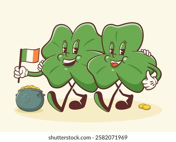 Saint Patrick Day Groovy Shamrocks, Pot and Gold Coins Retro Characters. Cartoon Irish Spring Holiday Personage Illustration. Vector Celtic Mascot Template Background. Vintage Trefoil Drawing Isolated