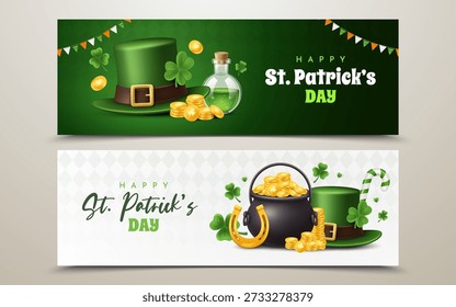Banner Horizontal do Dia de São Patrício Conjunto com Chapéu de Leprechaun Pote de Ouro e Trevo